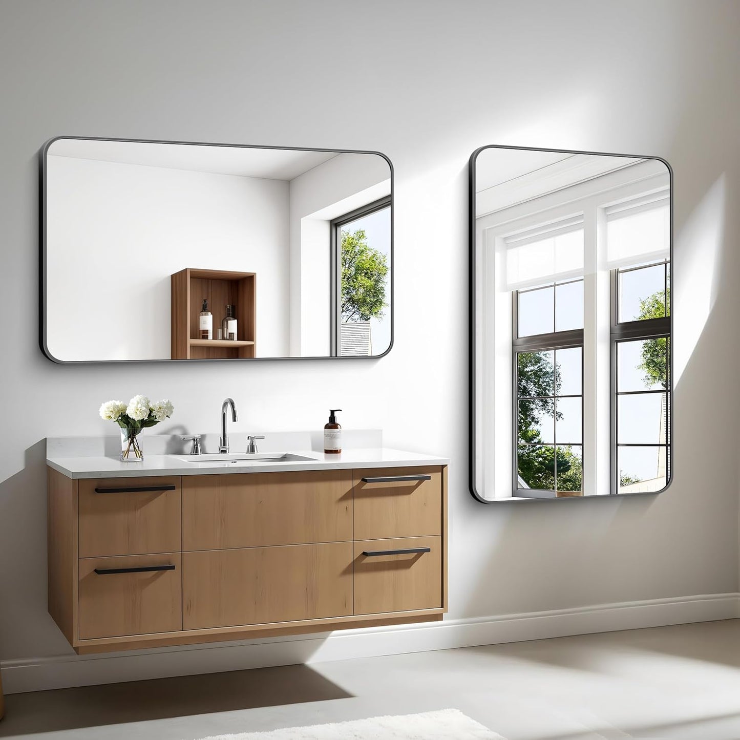 30x48 inch Bathroom Mirror,Black Rectangle Mirror,Wall Mounted Bathroom Frame Vanity Mirror with Round Corner for Bedroom Living Room, Entryway Hangs Horizontal or Vertical