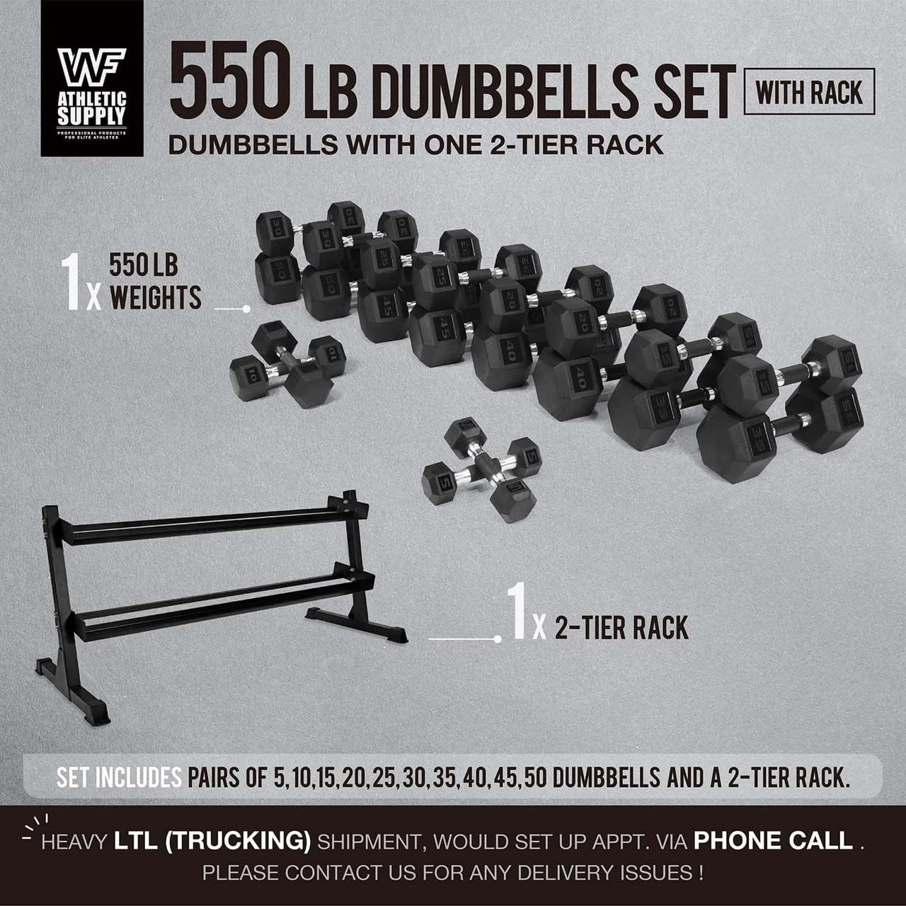 WF Athletic Supply Rubber Encased Hex Dumbbells with Rubber Grip Contoured Handle for Muscle Toning, Strength Building & Full Body Workout