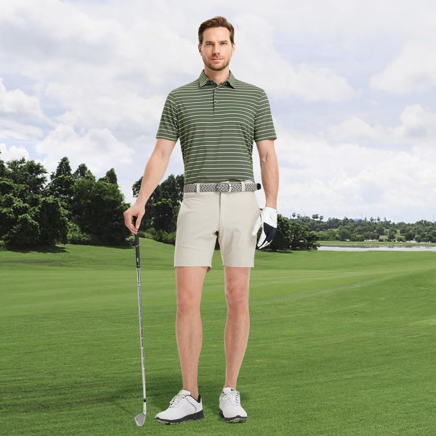 Rouen Mens Golf Shirt Moisture Wicking Dry Fit Performance Stripe Casual Collared Short Sleeve Golf Polo Shirts for Men