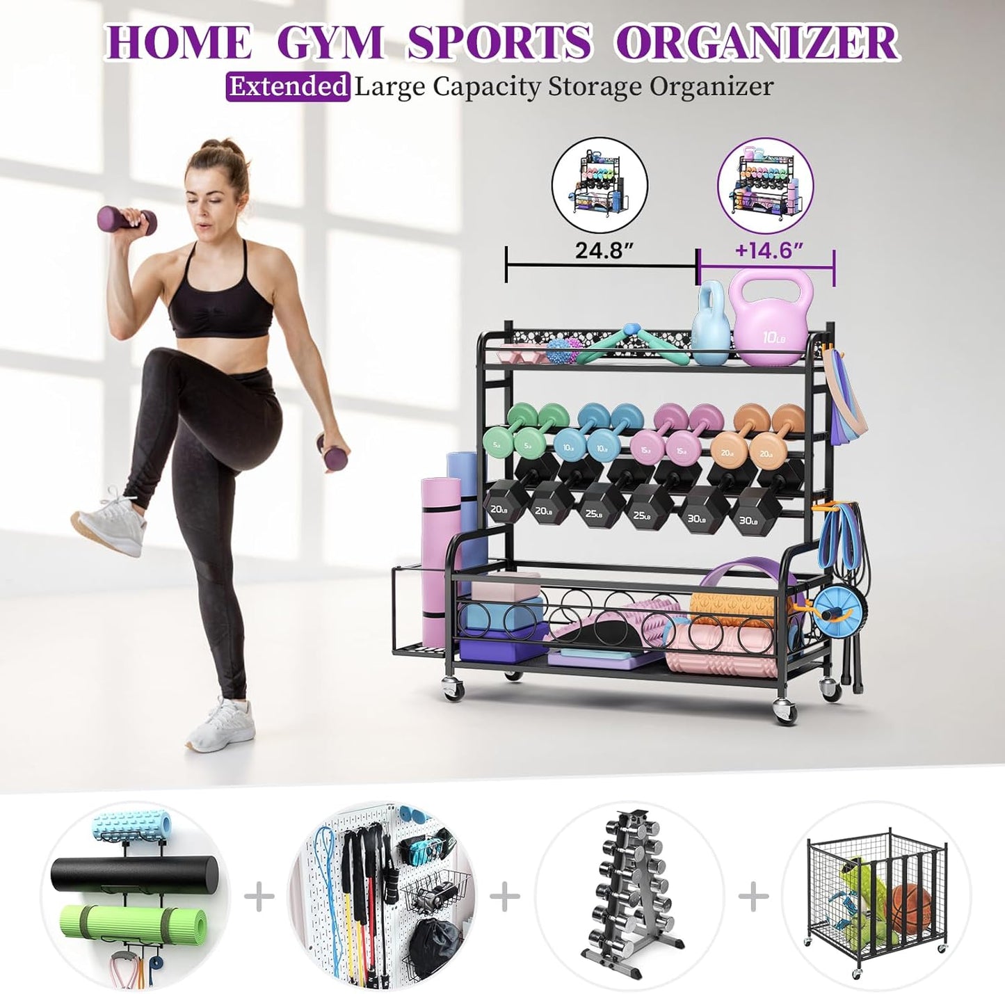 Dumbbell Rack, VOPEAK Weight Rack for Home Gym, Home Gym Storage Rack for Yoga Mat Kettlebells and Strength Training Equipment, Weight Storage Rack for Dumbbells with Wheels