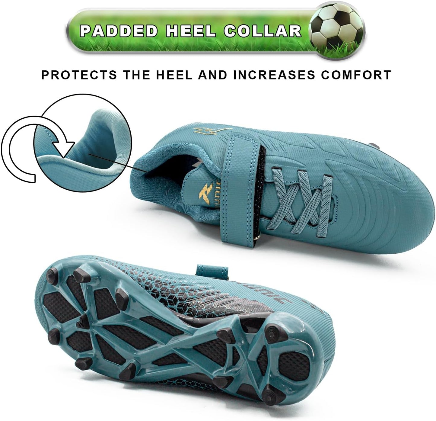 RUNIC Kids Soccer Cleats for Boys and Girls - Small and Big Kid Athletic Outdoor Football Shoes - Firm Ground - Hook and Loop Closure - Black/Gold