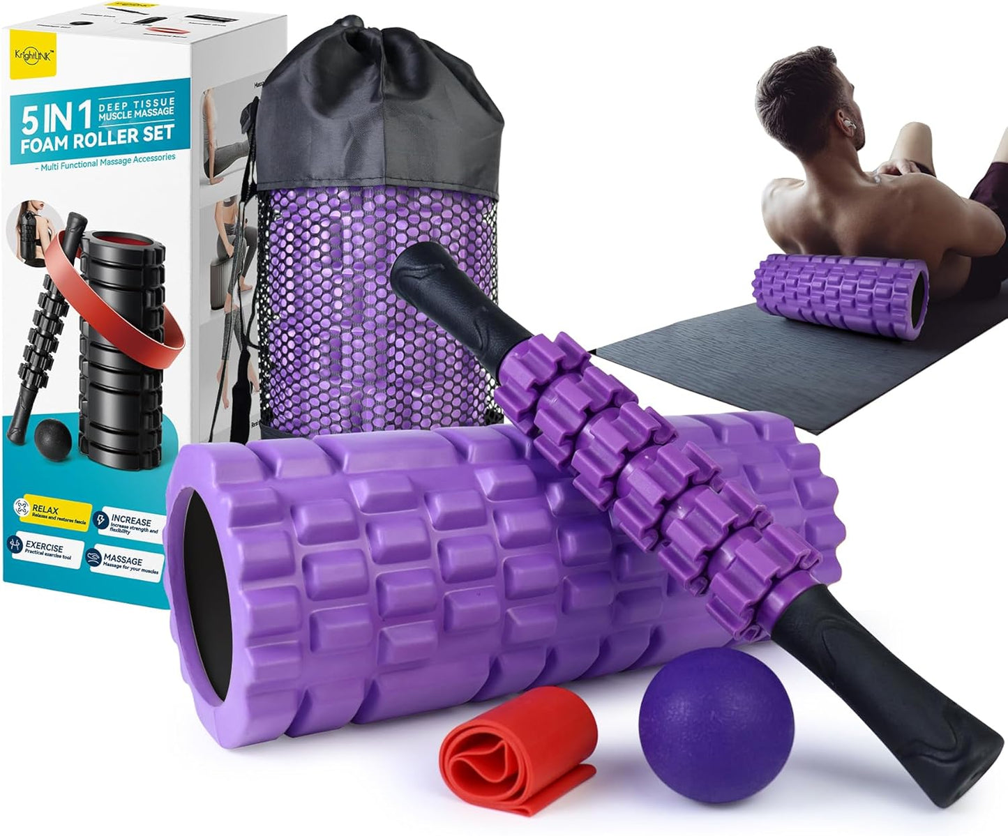 5 in1 Foam Roller Set, High Density Deep Tissue Massager for Muscle Massage, Massage Roller, Massage Ball, Resistance Band for Whole Body Physical Therapy Deep Muscle Massage (Purple)