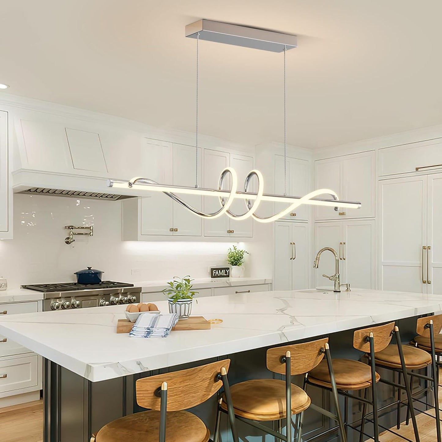 Modern LED Pendent Lights Kitchen Island,3000k-6000K Adjustable Color Dining Room Light Fixture,Dimmable with Remote Control Aluminum for Kitchen, Living, Dining,Bedroom(47in Chrome Silver