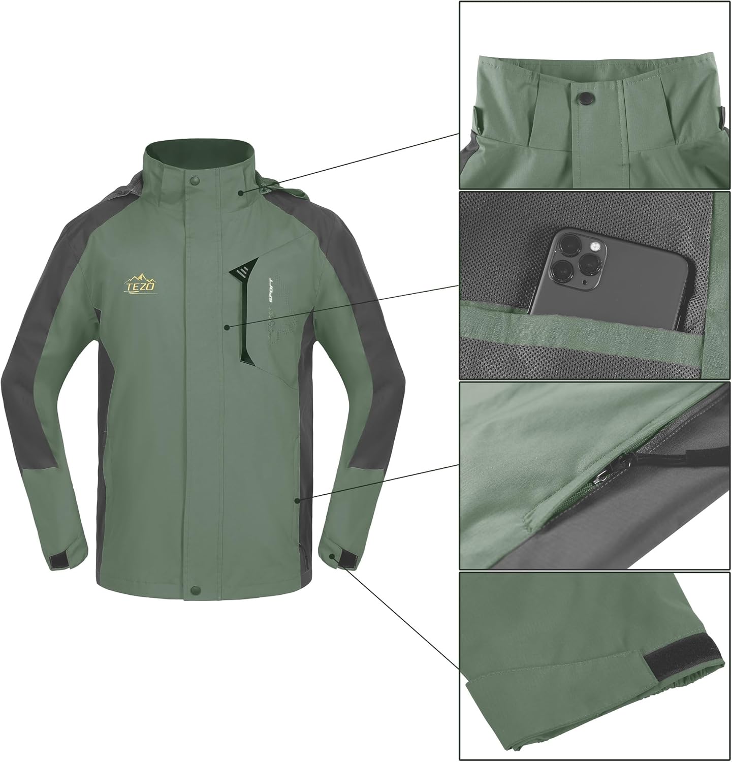 TEZO Mens Rain Jacket Waterproof with Hooded Hiking Coat Lightweight Windbreaker