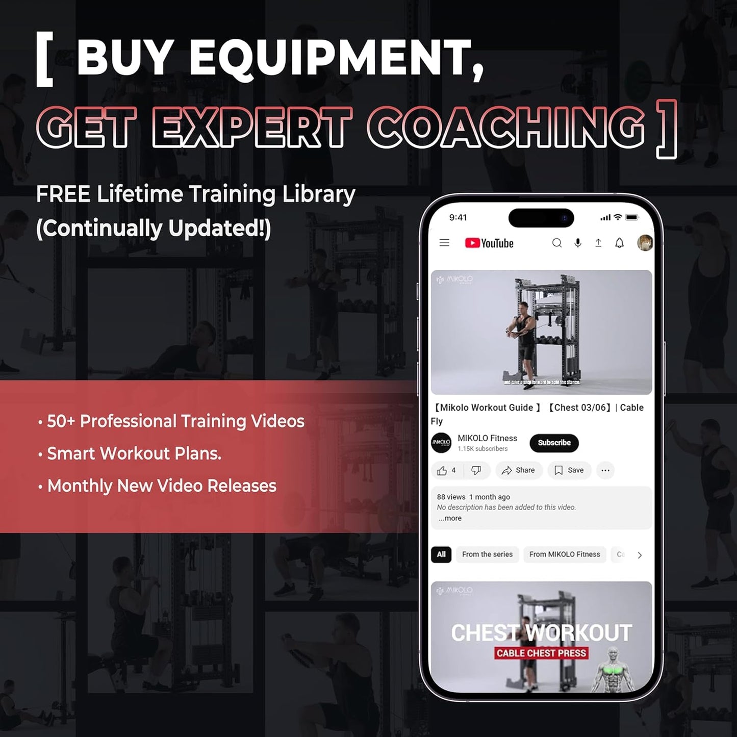 Mikolo Smith Machine, 2200lbs Squat Rack with LAT-Pull Down System & Cable Crossover Machine, Training Equipment with Leg Hold-Down Attachment