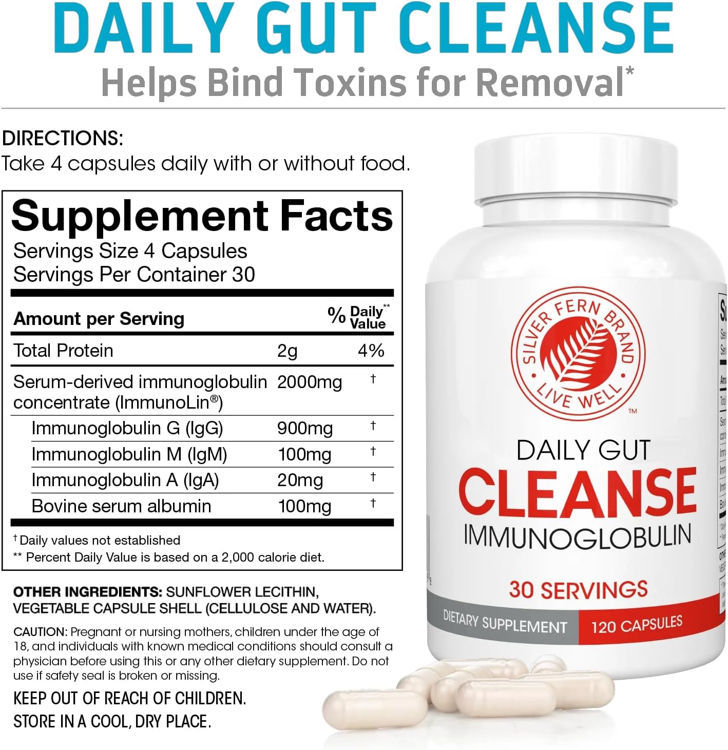 Silver Fern Gut Rehab Kit - 30 Day Supply - Cleanse Daily (1 Bottle = 120 Capsules) & Ultimate Probiotic (1 Bottle = 60 Capsules) - Immunoglobulins & Spore Forming Probiotics