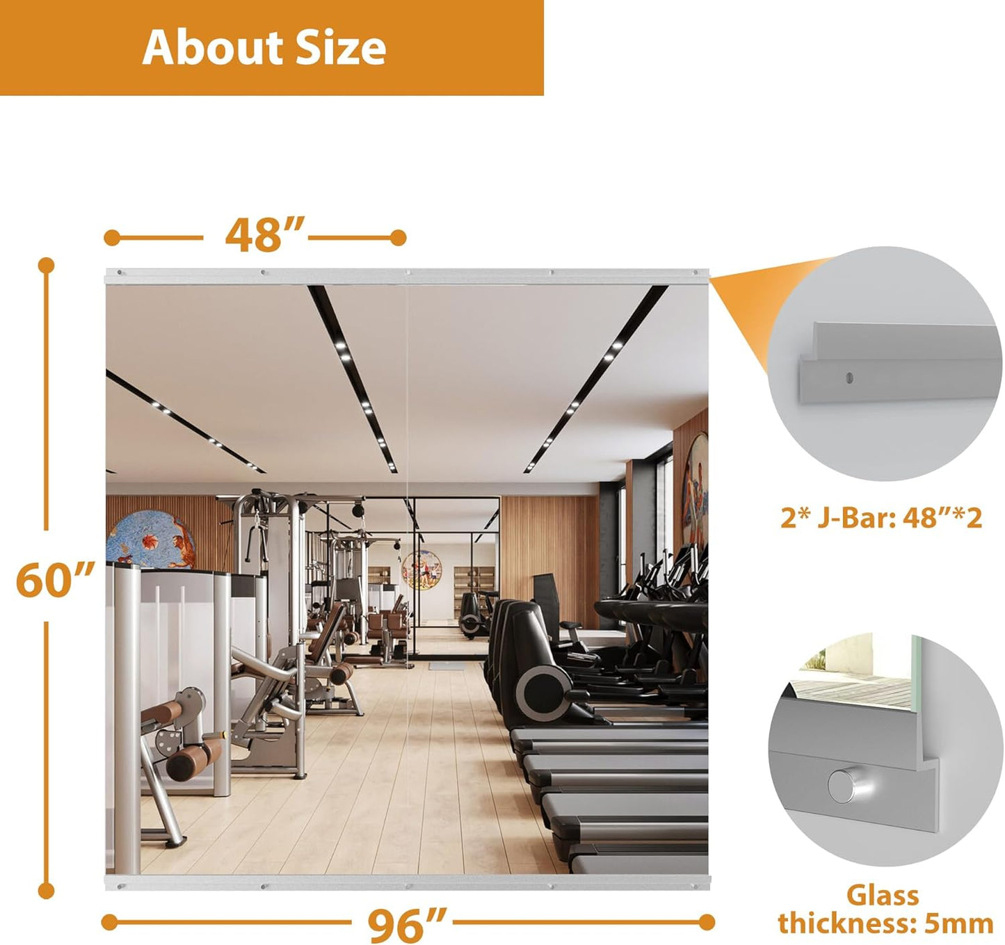 ROOMTEC Workout Mirrors for Home Gym 60"x48"-2 PCS, Large Wall Mirror Full Length for Fitness, Yoga, Big Wall Mounted Frameless Glass Mirror for Garage, Dance Studio, Bedroom