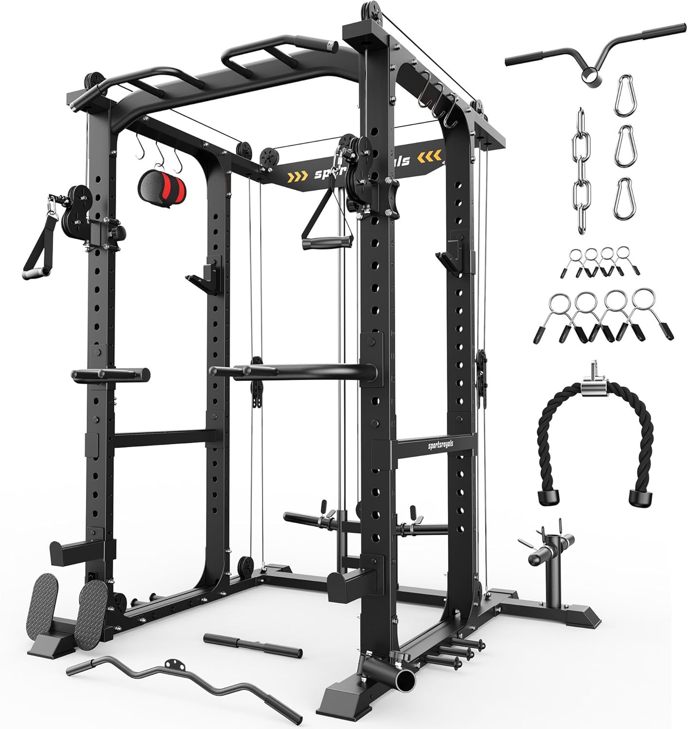 Sportsroyals Power Cage,1600lbs Multi-Function Power Rack with Adjustable Cable Crossover System and More Training Attachment, Weight Cage for Home Gym