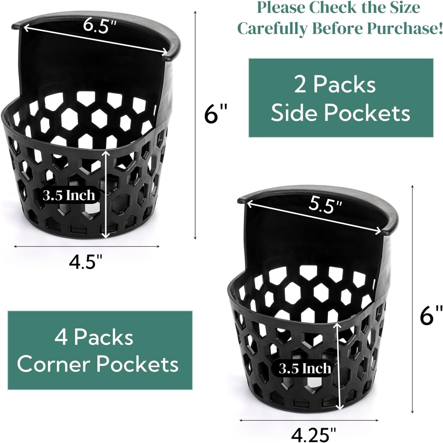 6 Pack Pool Table Pockets, Heavy Duty Billiard Set Including 4 Corner and 2 Side Pockets