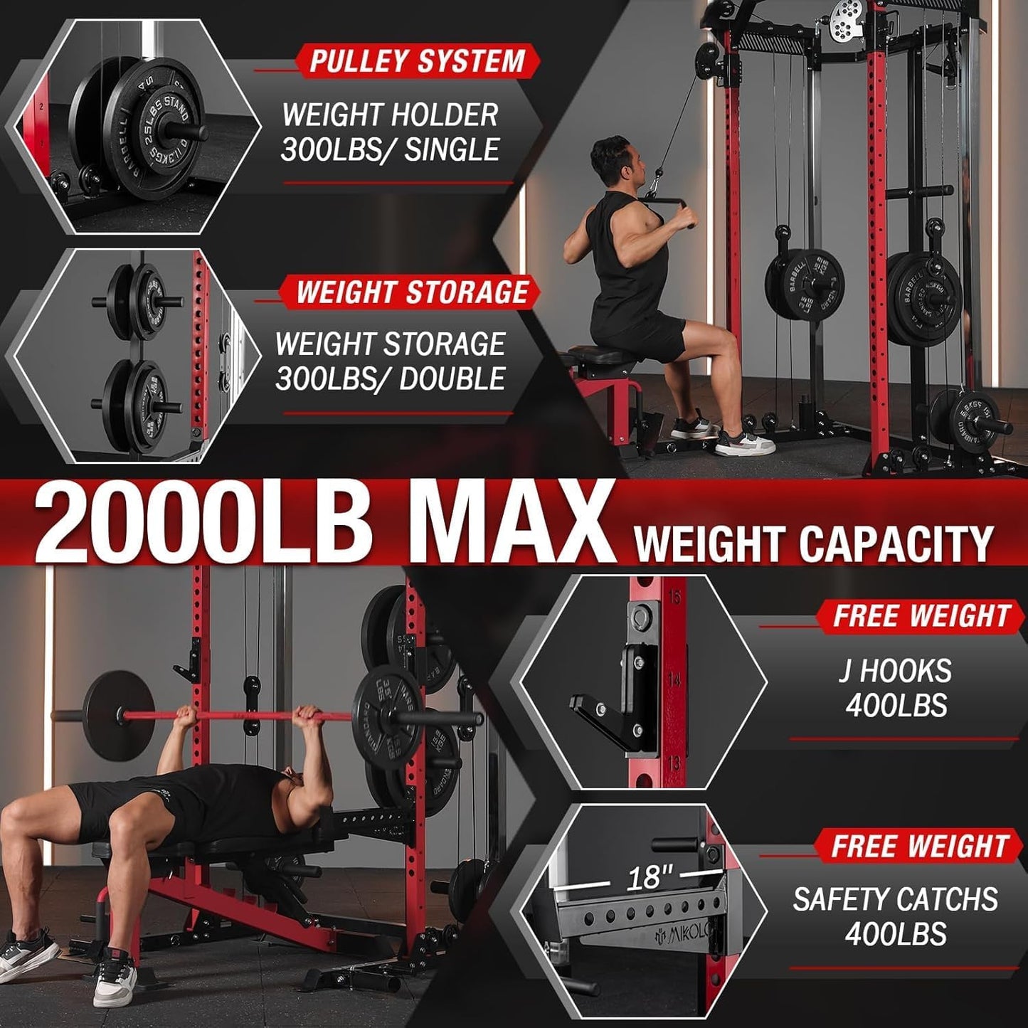 Mikolo Power Cage, 2000LB Power Rack with Independent Dual Pulley System, Multi-Function Home Gym Workout Machine for Cable Crossover