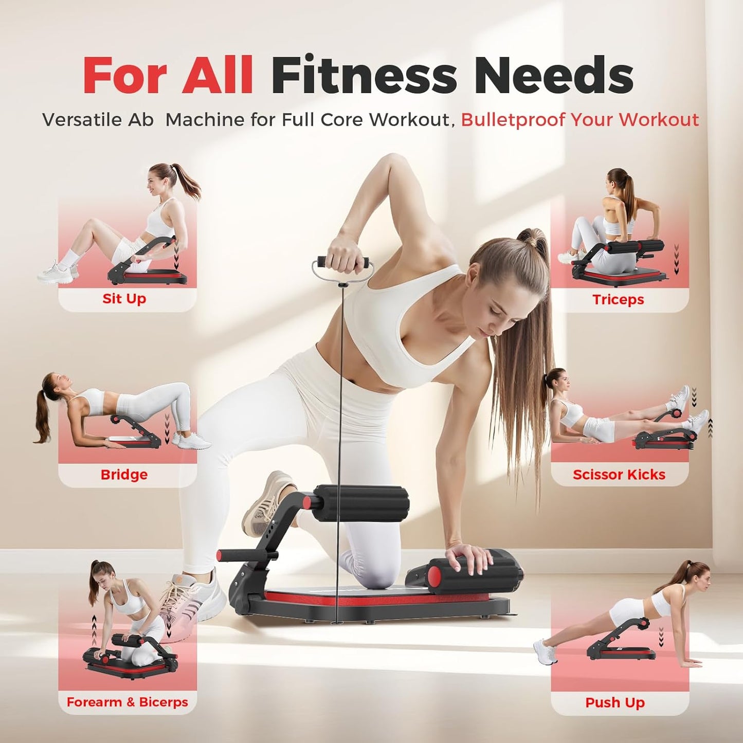 Ab Machine,Sit Up Exercise Equipment& Core Machine, Workout Equipment,Adjustable Ab Trainer with 3 Resistance Levels and Removable Auxiliary Handle,Home Gym Fitness Equipment for All Ages