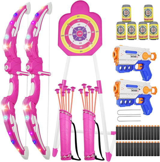 2 Pack Bow and Arrow Toy for Kids 3-8-12, LED Light Up Archery Set with Shooting Game Toy & Standing Target for Boys and Girls Age 5 6 7 8 9 10 11+, Indoor Outdoor Activity Toys for Birthday
