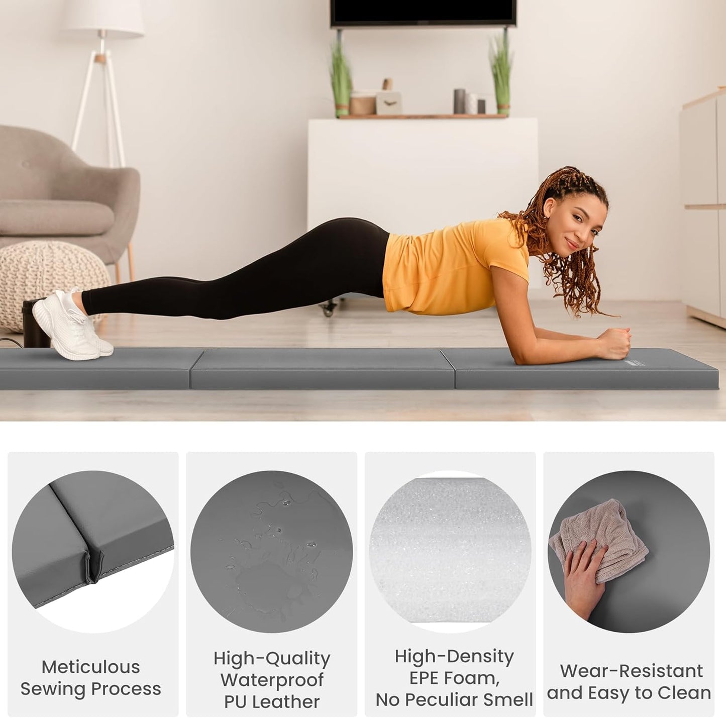 Folding Exercise Gymnastics Mat, 2" Thick Gym Workout Mat with Carrying Handles High-Density Anti-Tear Portable Fitness Aerobics Mats for Home Gym Yoga Pilates Tumbling MMA Core Training