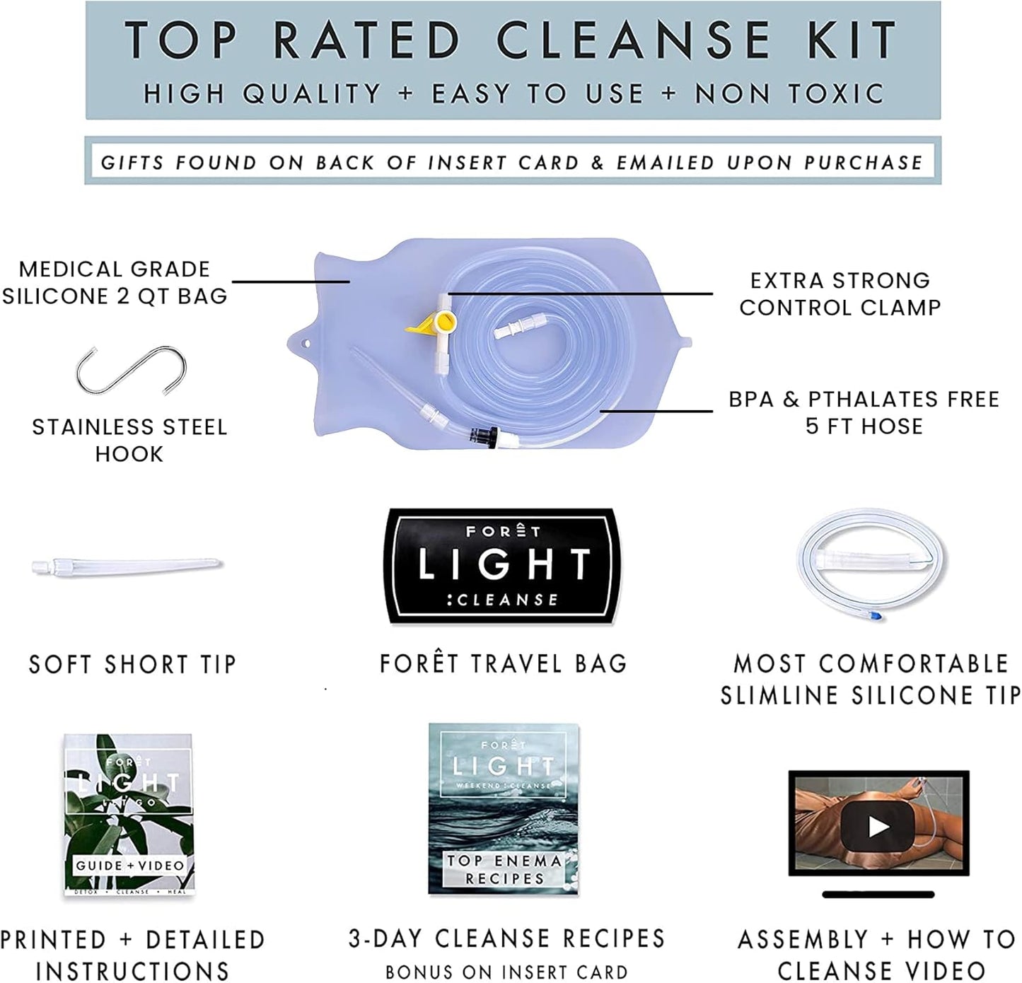 Foret Premium Enema Kit Non-Toxic Silicone Tip, Bag & Eco Detox Gift | Most Comfortable Colon Cleanse | Gerson Therapy Colonics Recommended | BPA & Phthalates Free |Clamp| Easy Instructions | Slim Tip