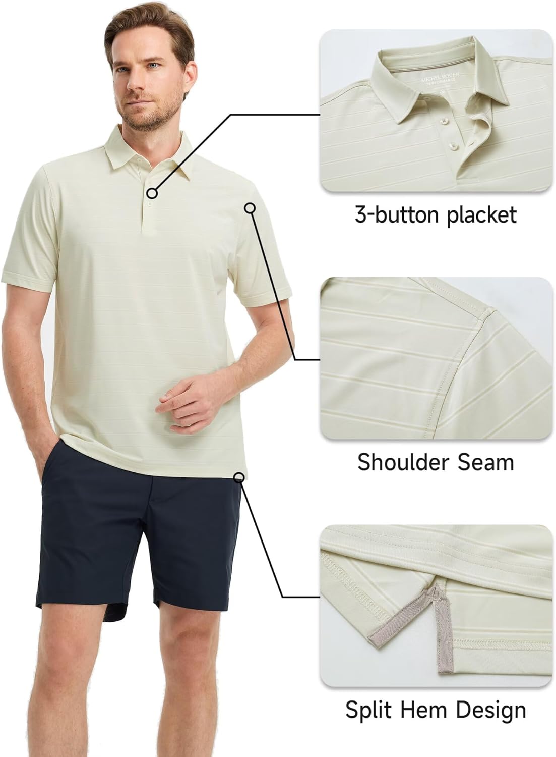 Rouen Polo Shirts for Men Dry Fit Performance Heather Stripe Golf Polo Moisture Wicking Lightweight Breathable Golf Shirts