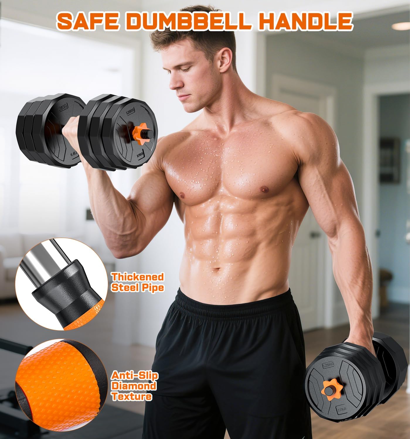 5-in-1 Adjustable Dumbbell Set, 33/44/66/88lbs Free Weights Set with Connector, Used as Kettlebells, Barbell, Push up Stand, Standard 1" Plates, Fitness Exercises for Home Gym Suitable Women/Men
