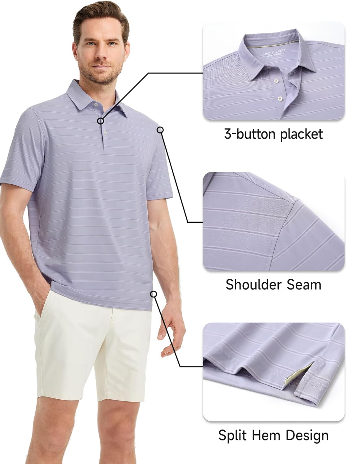Rouen Polo Shirts for Men Dry Fit Performance Heather Stripe Golf Polo Moisture Wicking Lightweight Breathable Golf Shirts