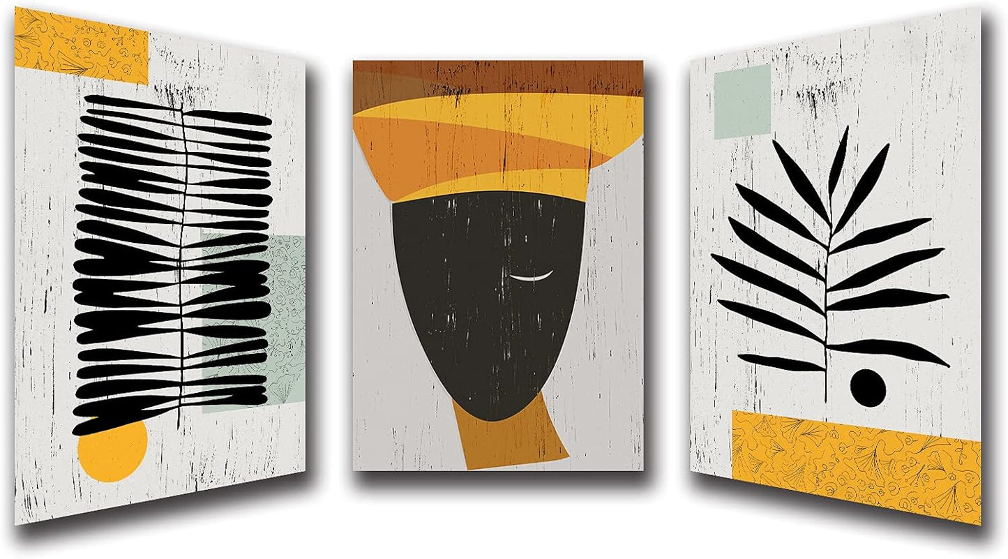 Framed Canvas Wall Art African Ethno Motive Wall Art Set, Abstract Ethno Art, African American Woman Portrait, Black Orange Print, Contemporary Collage, Minimalist (S-3pcs,20x30inchx3pcs)