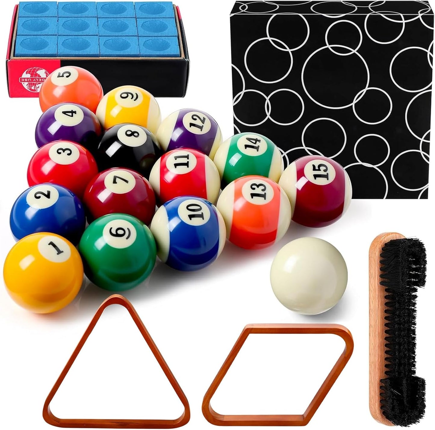 31 Pcs Billiard Accessory Kit Billiard Pool Table Balls with Triangle and Diamond Ball Holder Cue Chalks Pool Table Brush Set