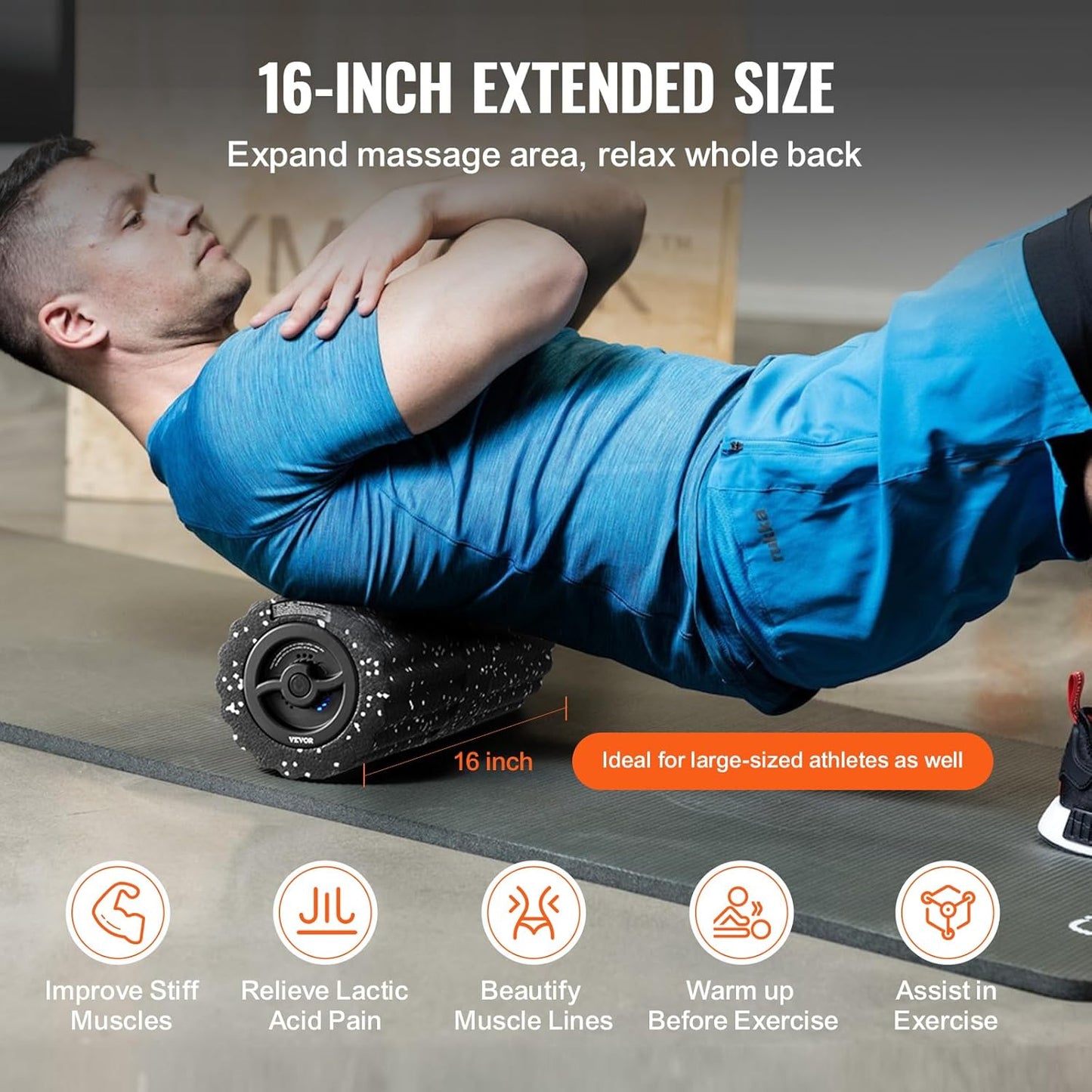 VEVOR Vibrating Foam Roller, 4-Speed Electric Massage Roller, 16" Rechargeable Muscle Roller with 3D Texture, High Density EEP Foam Massager for Muscle Deep Tissue, Back Pain Relief, Exercise Recovery