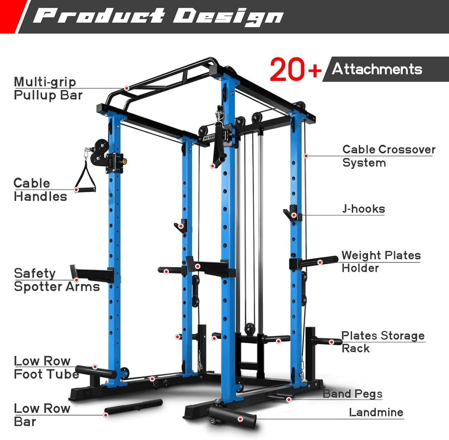 RitFit Power Cage with Optional LAT PullDown/Cable Crossover, 1000LB Squat Rack for Home & Garage Gym, with Weight Storage Rack and More Training Attachments, ASTM-Certified