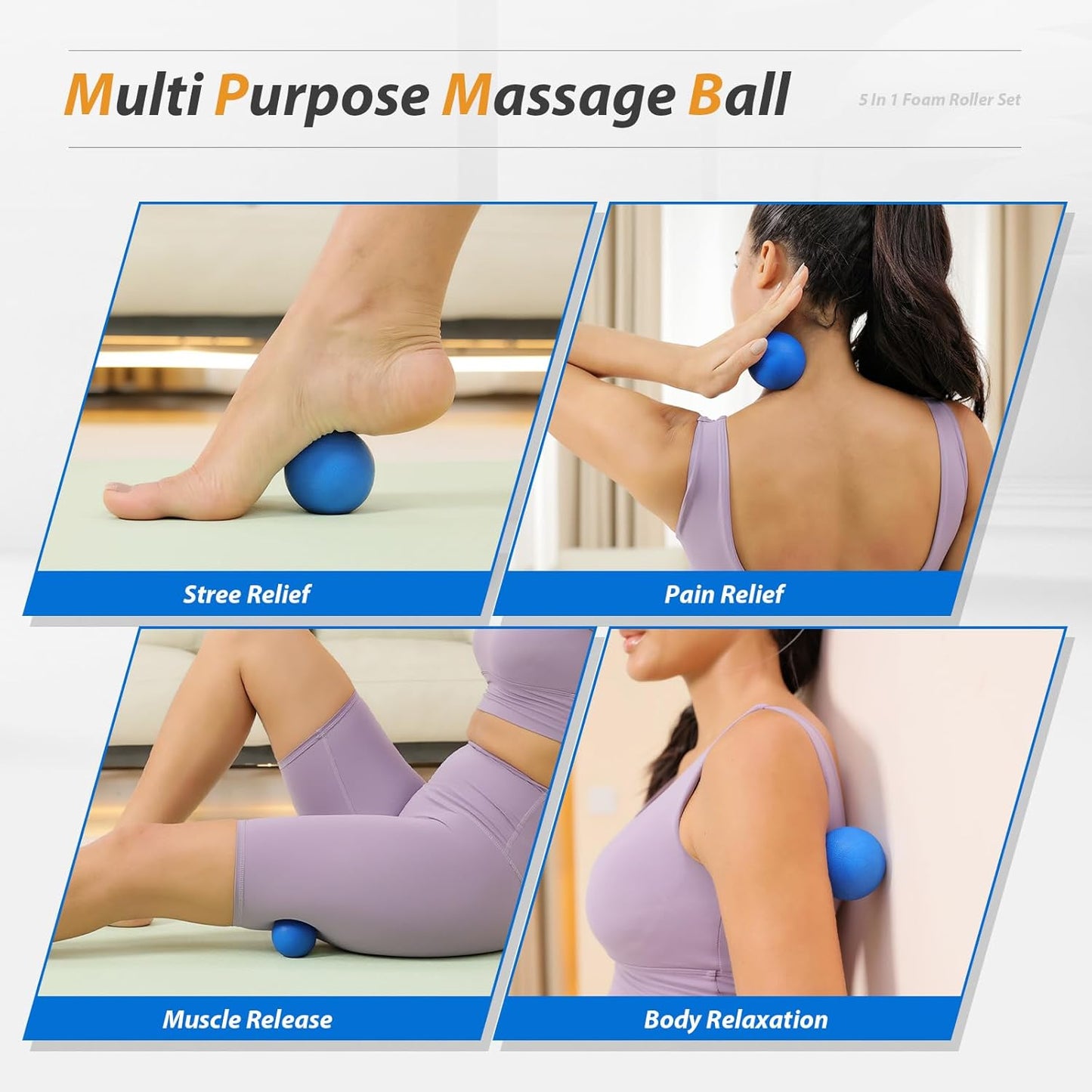 5 in1 Foam Roller Set, Trigger Point Foam Roller, Massage Roller Stick, Massage Ball, Resistance Band for Deep Muscle Massage Pilates Yoga,Fitness Exercise for Whole Body (Pure Blue)