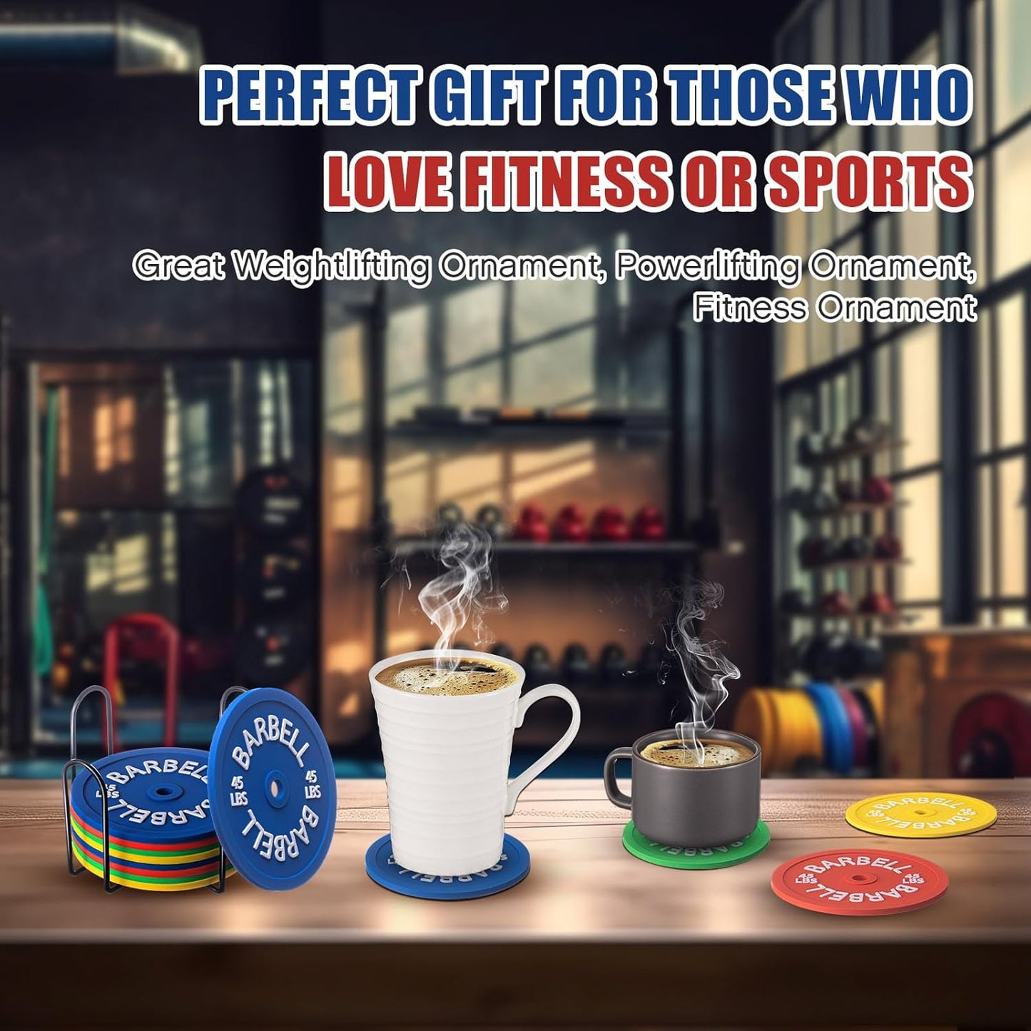 8 Pcs Barbell Bumper Plate Cool Coasters Round Silicone Coasters Weight Plate Coaster with Rack Holder for Gym Lovers Gym Accessories(Colorful)