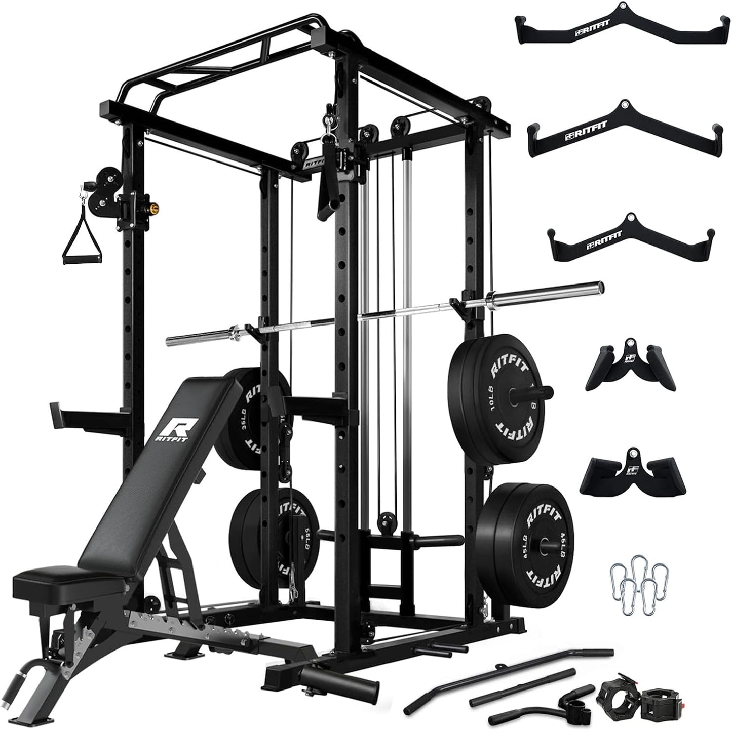 RitFit Multi-Function Squat Rack Power Cage PPC03 with Cable Crossover System, 1000LBS Capacity Power Rack and Packages with Optional Weight Bench, Barbell Weight Set, for Garage Workout & Home Gym