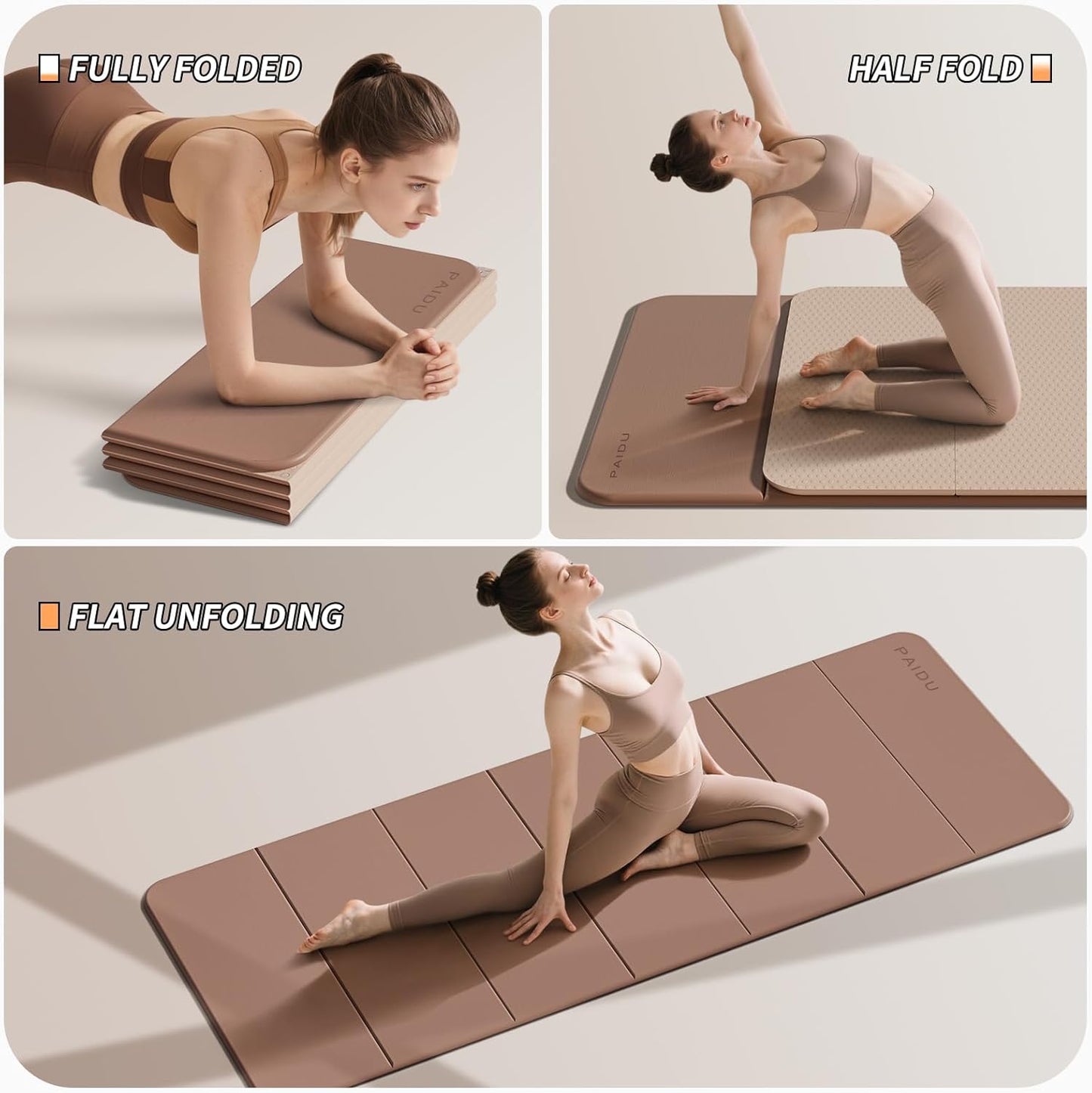 Foldable Fitness Yoga Mat | 2/5" (10MM) Extra Thick | SGS Certified Non-Slip TPE | 75x26" Extra Long-Wide | Portable & Easy Store | for Yoga, Pilates, Home Gym & Full-Body Workouts