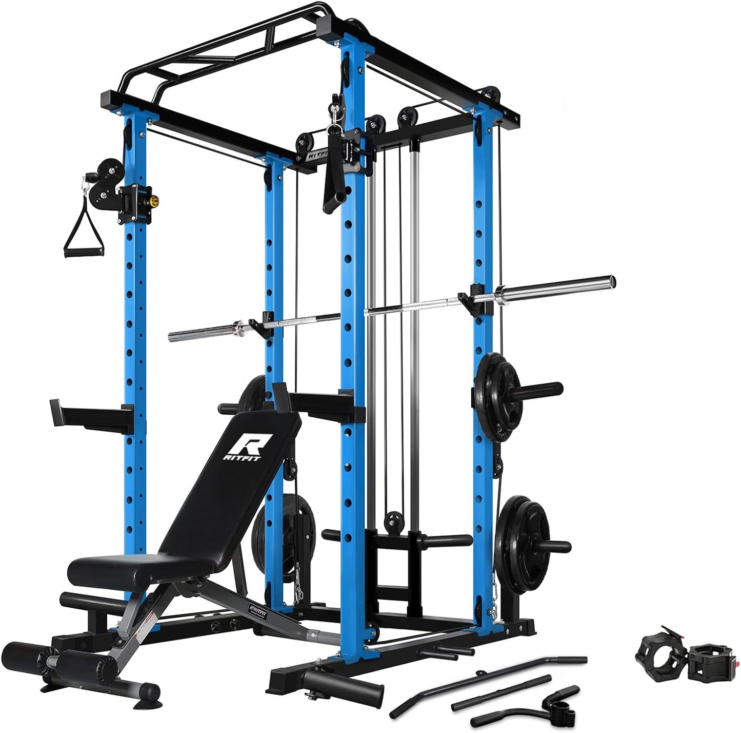 RitFit Multi-Function Squat Rack Power Cage PPC03 with Cable Crossover System, 1000LBS Capacity Power Rack and Packages with Optional Weight Bench, Barbell Weight Set, for Garage Workout & Home Gym