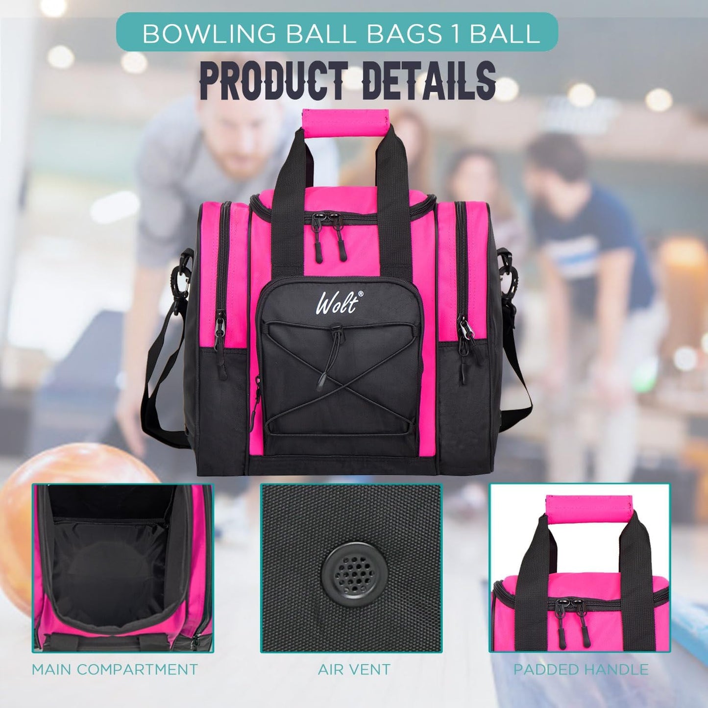 WOLT Bowling Ball Bag for Single Ball - Bowling Ball Tote Bag with Padded Ball Holder, 2 Pockets fit Bowling Shoes Up to Mens Size 14 and Accessories