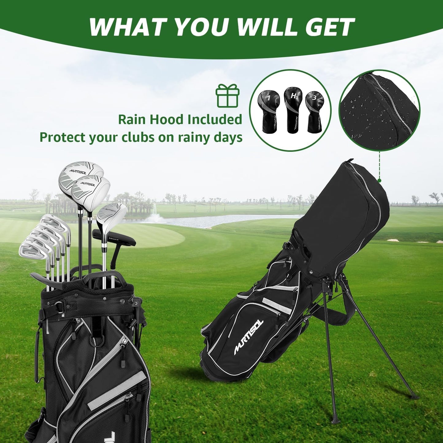 10 Pieces Complete Mens Womens Golf Clubs Set Right Hand for Men Women Includes Stand Bag with Rain Hood, 1#Driver 3#Wood #5 Hybrid,with 3 Head Covers, 6# 7# 8# 9# PW# Irons and Putter