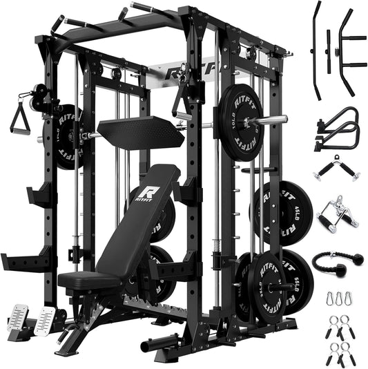 RitFit Buffalo Smith Machine, Power cage with LAT-Pull Down System & Cable Crossover System, All-in-One Squat Rack for Home Gym, Power Rack