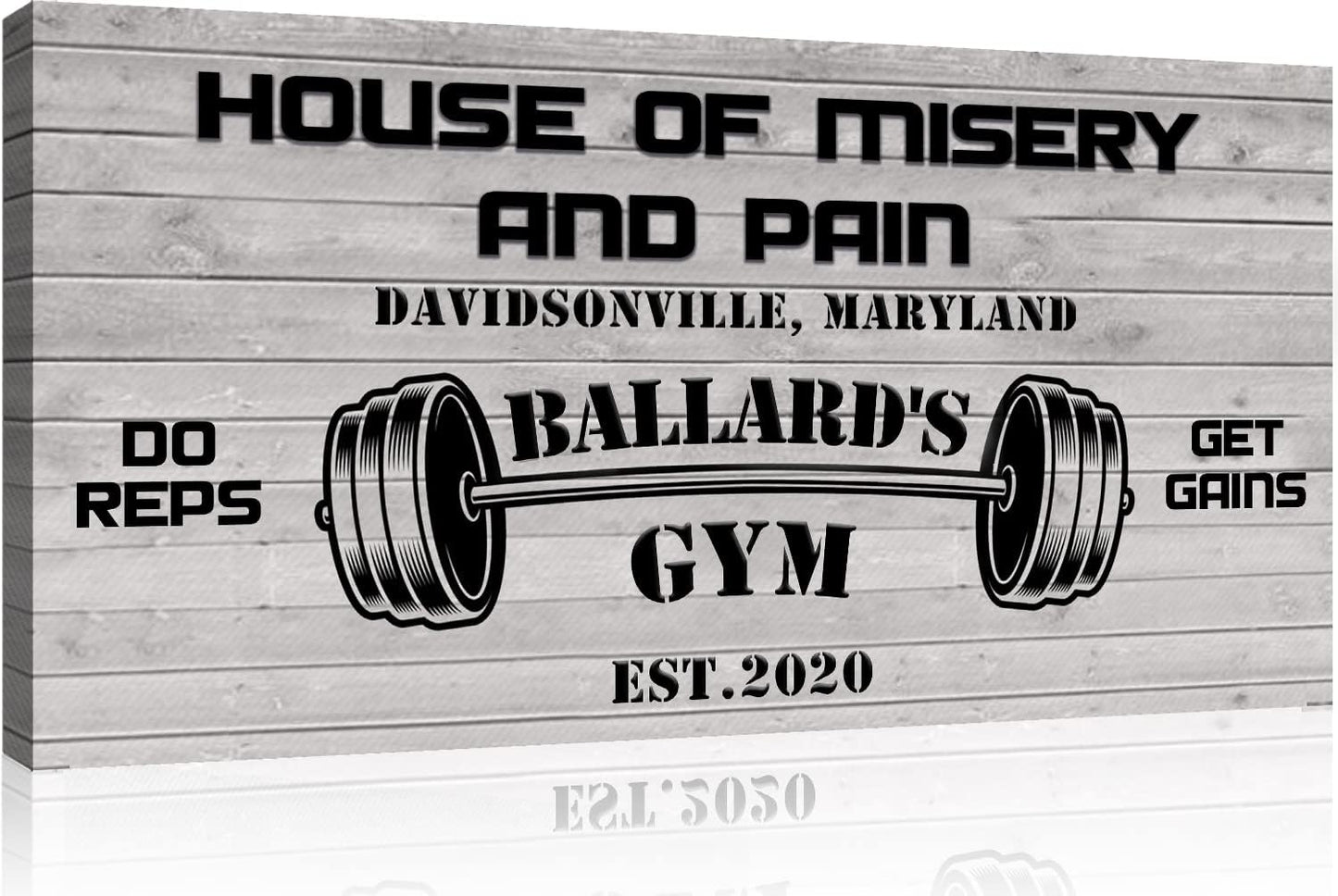 Tailored Canvases Personalized Gym Sign Wall Art Decor - Motivational Canvas for Home Gym, Workout Room, Garage, Fitness Center - Workout Inspirational Posters - House of Misery and Pain, White Wood 20x10in