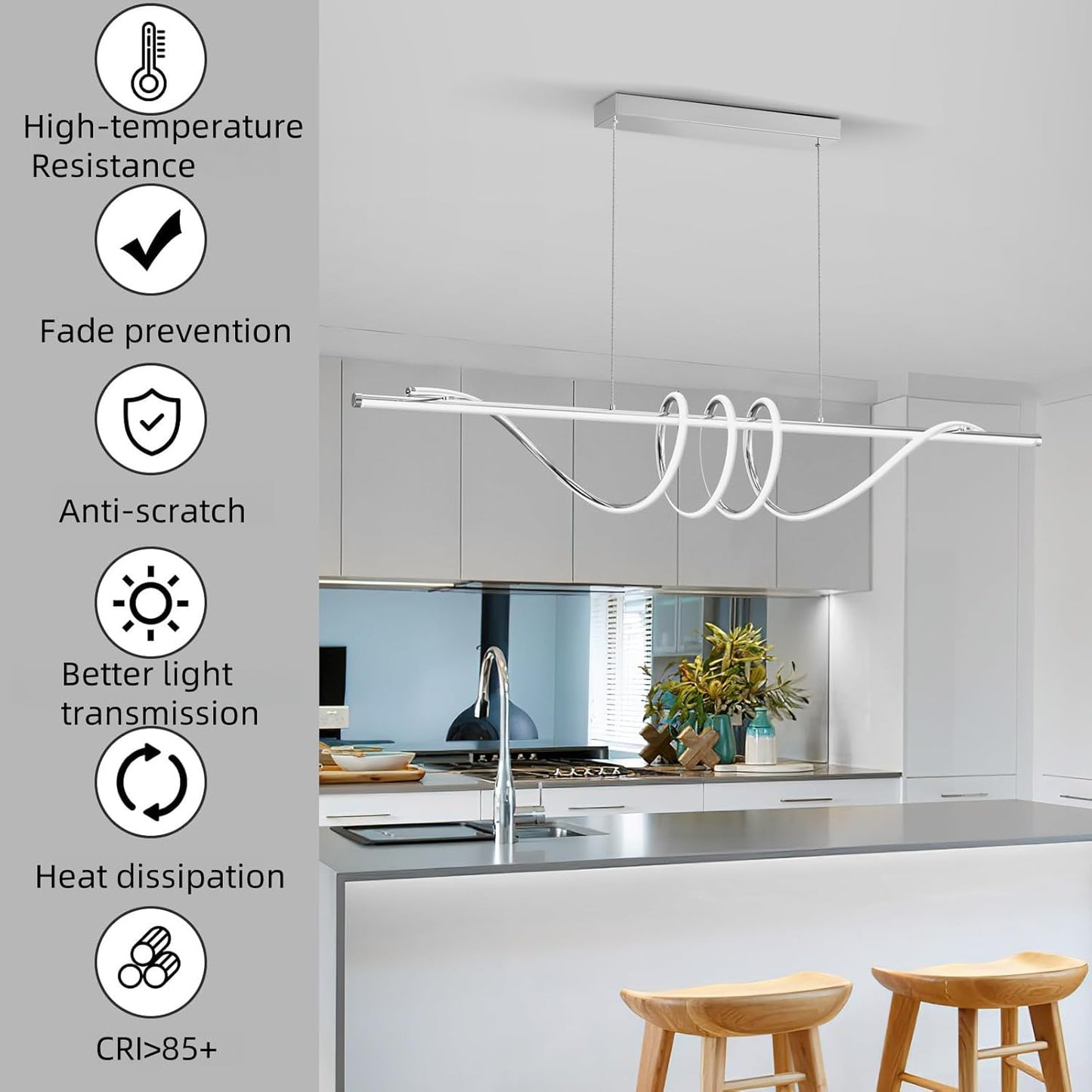 Modern LED Pendent Lights Kitchen Island,3000k-6000K Adjustable Color Dining Room Light Fixture,Dimmable with Remote Control Aluminum for Kitchen, Living, Dining,Bedroom(57in Chrome Silver