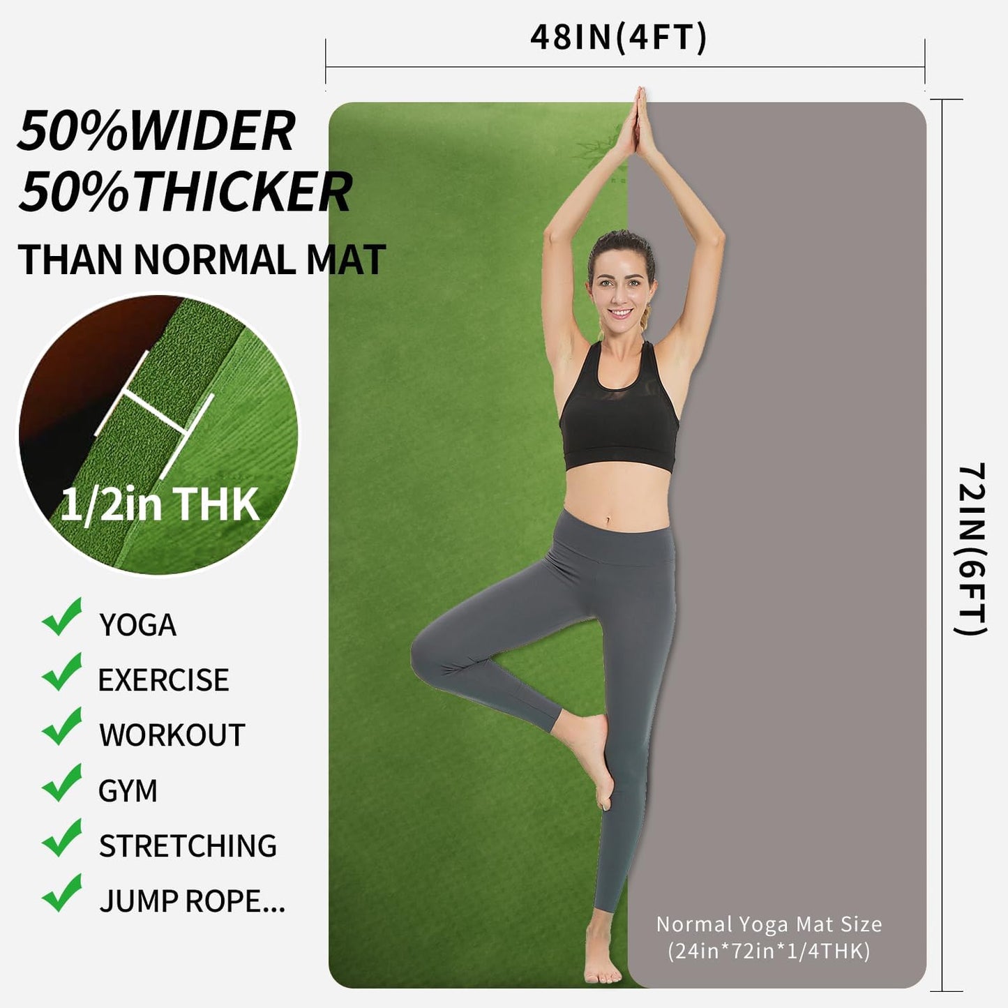 Hatha Yoga Large TPE Yoga Mat 6'x4'x1/2" Extra Thick Non-Slip Exercise Mat - for Yoga Pilates & Home Gym Workouts