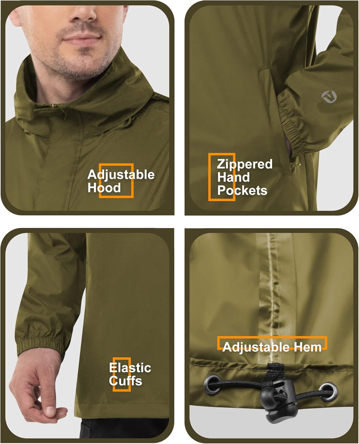 Outdoor Ventures Men's Rain Jacket Waterproof Lightweight Packable Rain Pullover for Hiking Golf Running