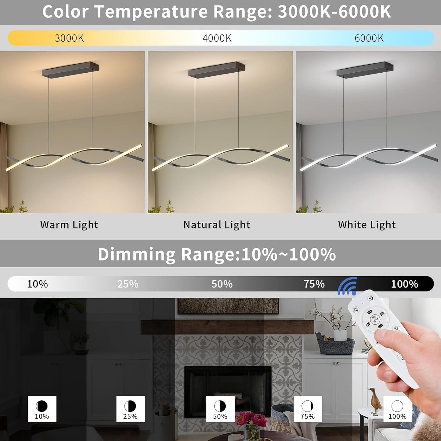 Modern Ceiling Pendant Lights, 57in Chandelier Dimmable with Remote Control 3000k-6000K Adjustable Color Temperature, Aluminum Island Lighting Lamp Fixture for Kitchen, Dining Room