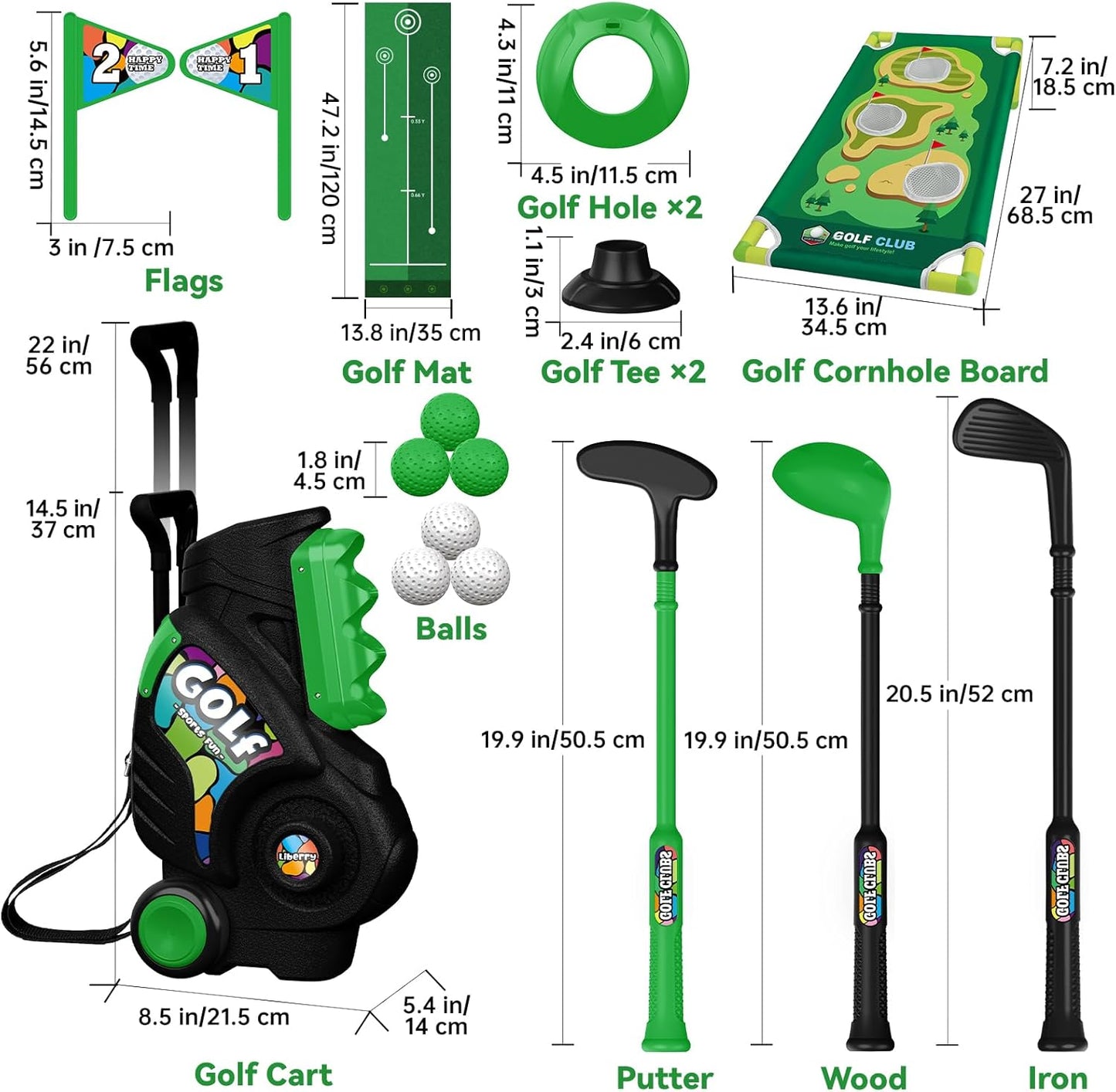 Liberry Toddler Golf Set for Age 2 3 4 5 Boys Girls, Upgraded Kids Golf Cart with Putting Mat & Cornhole Board, Outdoor Indoor Sports Toys for Birthday, Black
