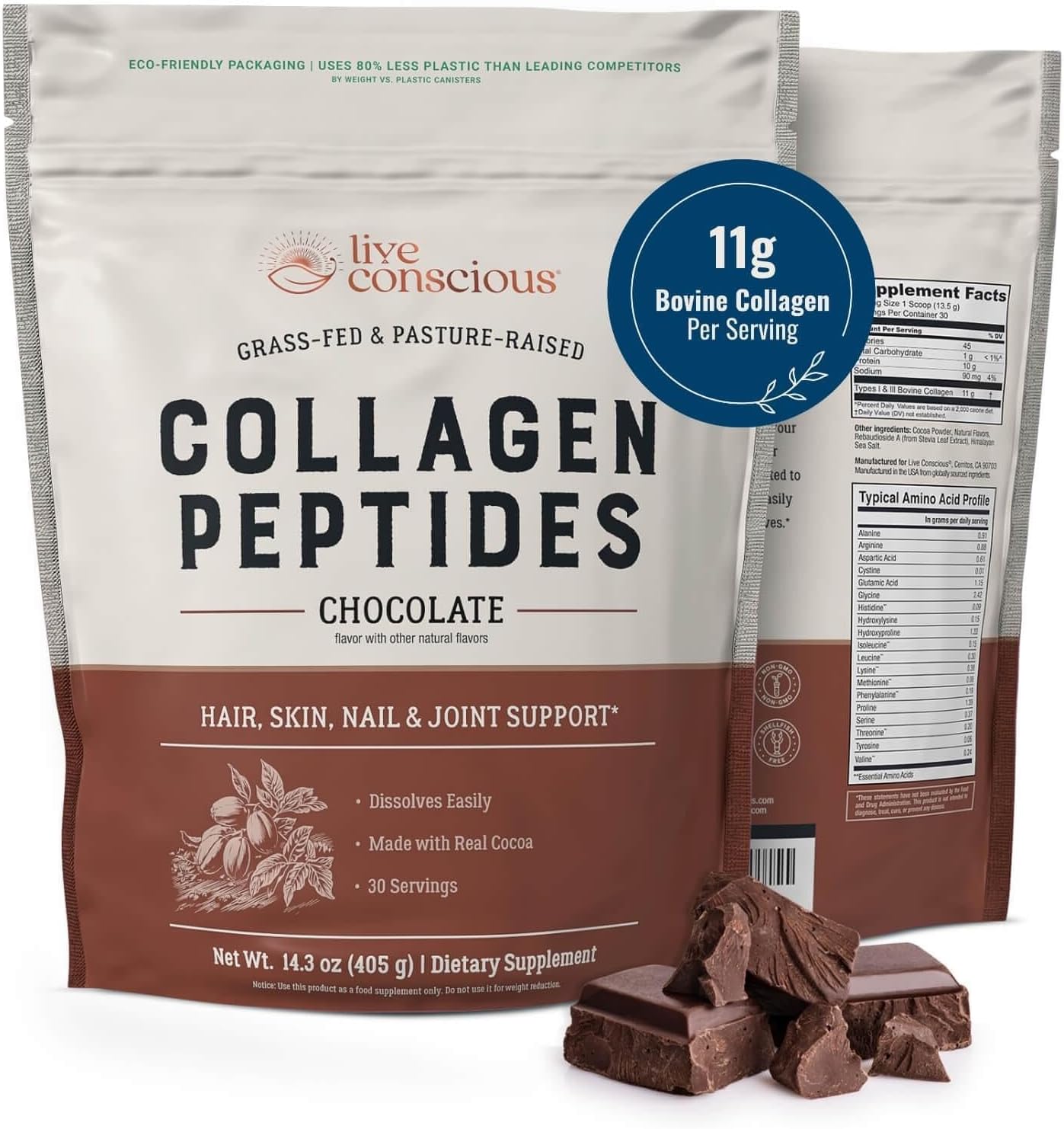 Live Conscious Collagen Peptides Powder - Chocolate Collagen Powder - Hair, Skin, Nail, and Joint Support - Type I & III Grass-Fed Collagen Supplements for Women and Men - 30 Servings - 14.3oz