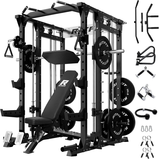 RitFit Buffalo Smith Machine, Power cage with LAT-Pull Down System & Cable Crossover System, All-in-One Squat Rack for Home Gym, Power Rack