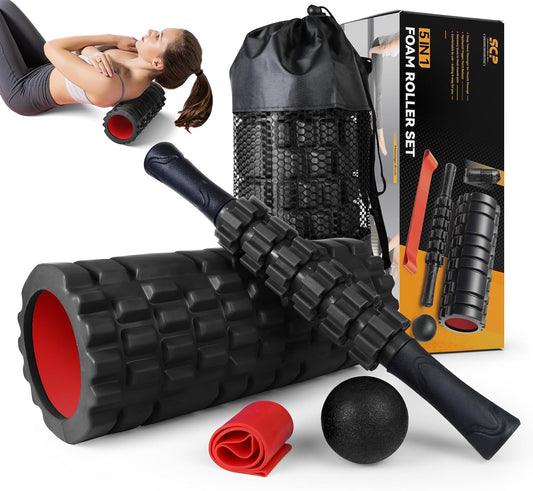 5 in1 Foam Roller Set, Trigger Point Foam Roller, Massage Roller Stick, Massage Ball, Resistance Band for Deep Muscle Massage Pilates Yoga,Fitness Exercise for Whole Body (Black-Red)