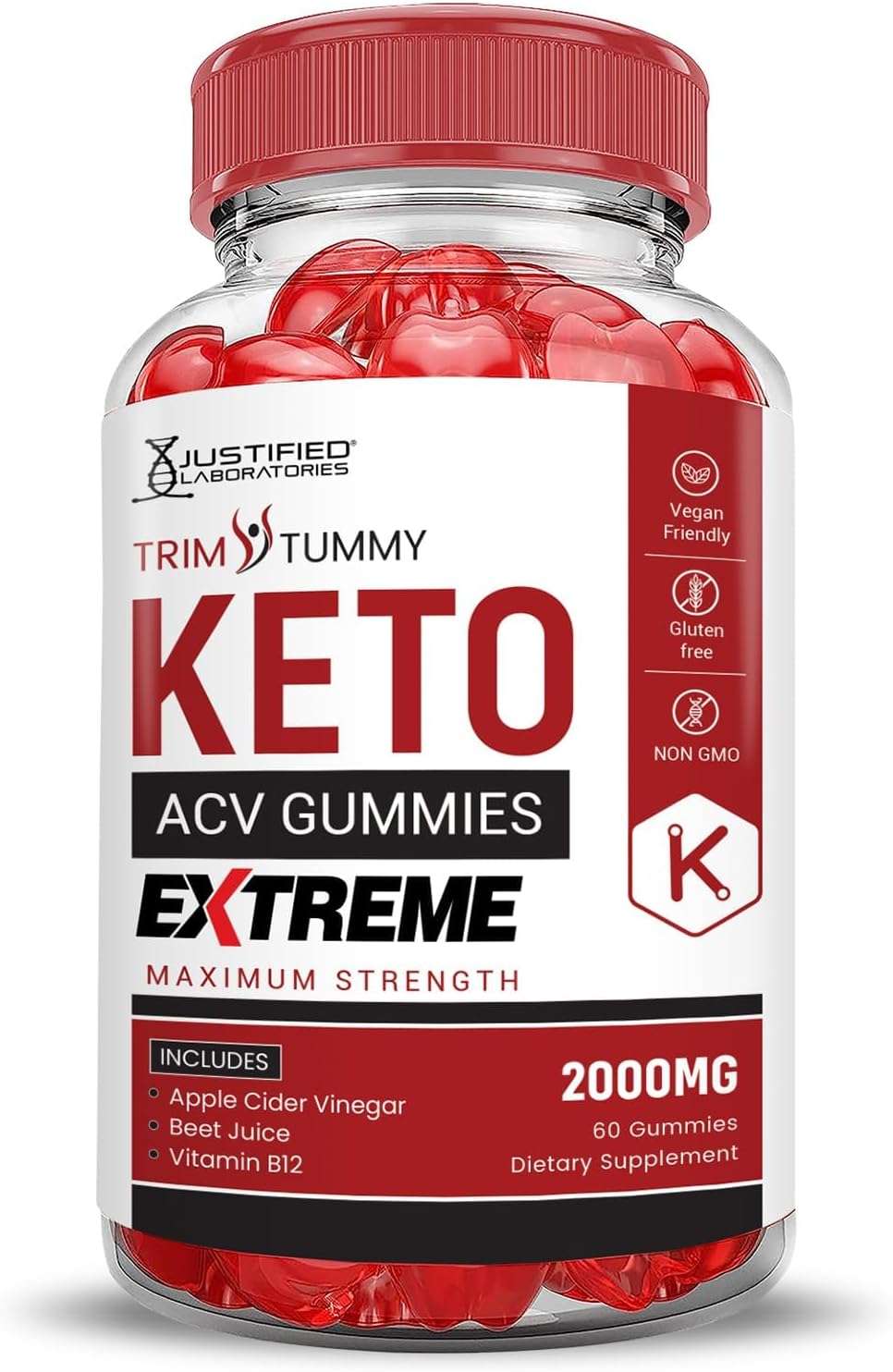 Justified Laboratories (5 Pack Trim Tummy Keto ACV Gummies Extreme 2000MG Trim Tummy Keto Gummies Apple Cider Vinegar Formulated with Pomegranate Beet Juice Powder B12 Vegan Non GMO 300 Gummys
