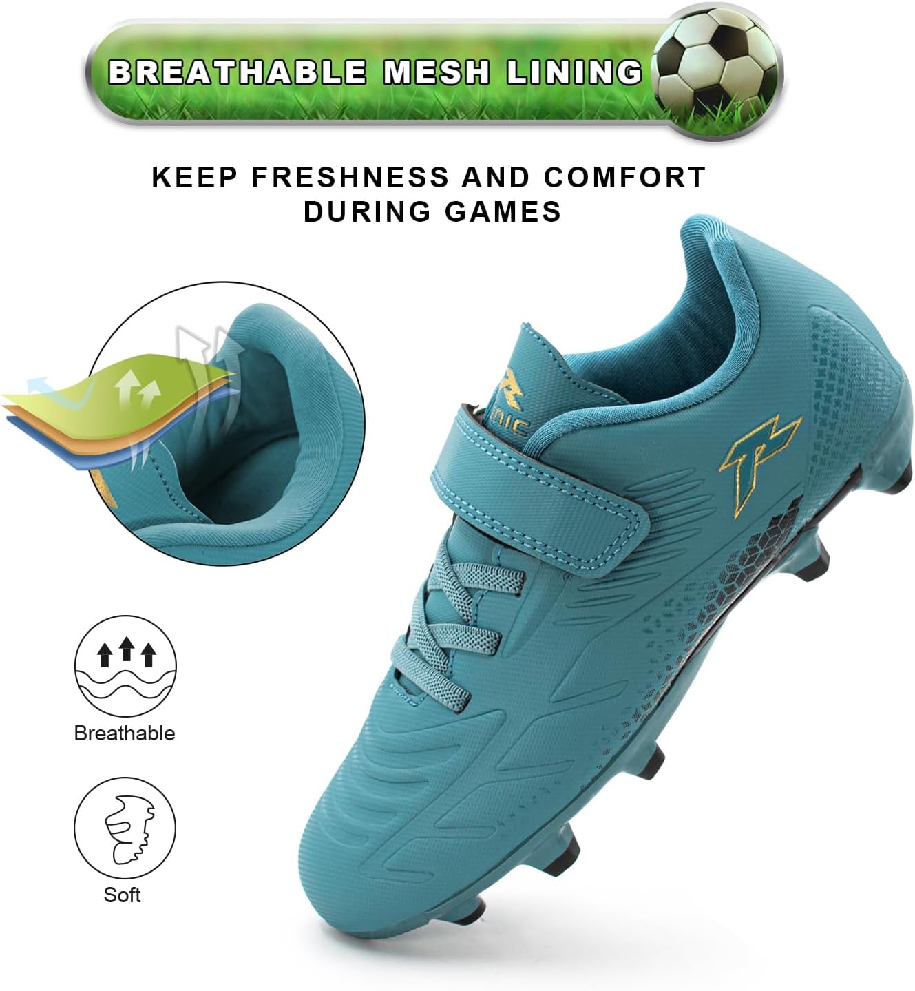 RUNIC Kids Soccer Cleats for Boys and Girls - Small and Big Kid Athletic Outdoor Football Shoes - Firm Ground - Hook and Loop Closure - Black/Gold