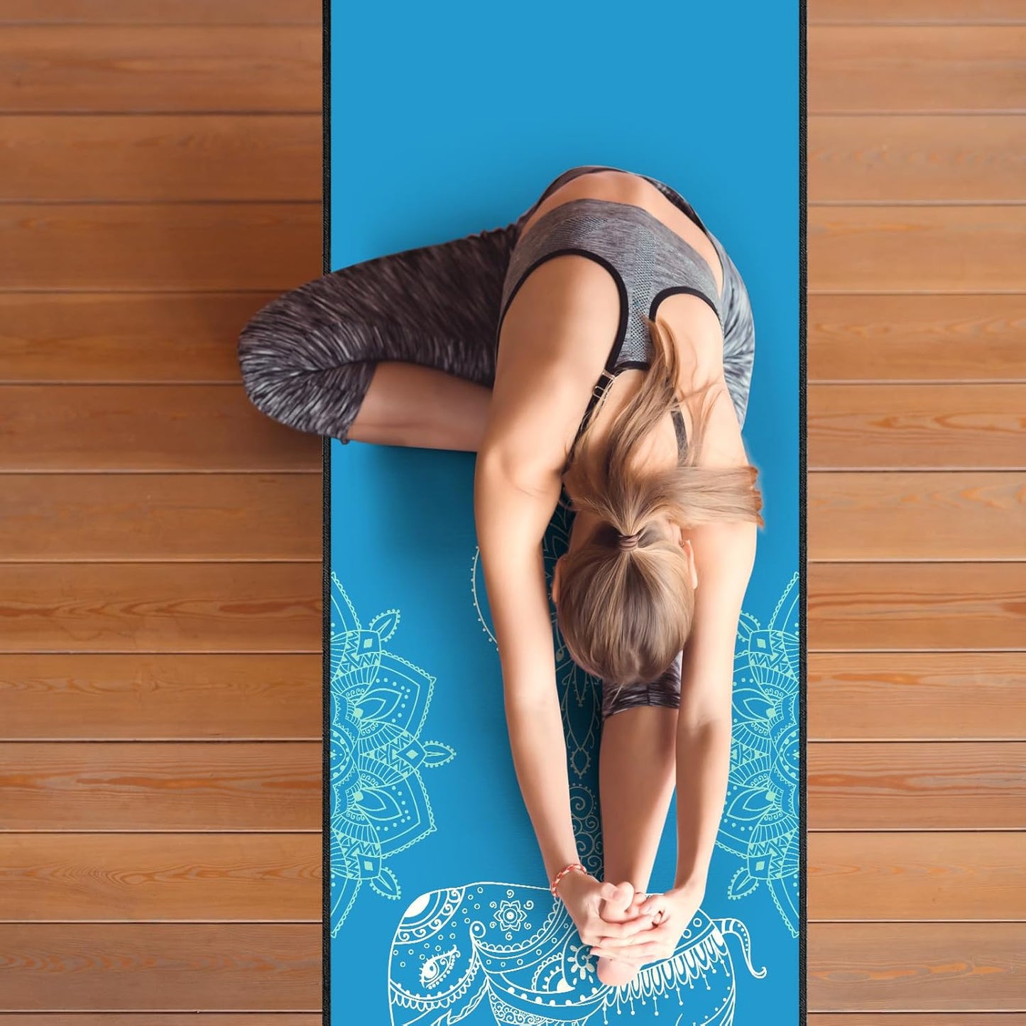 QiyI Yoga Mat Towel with Corner Pockets, Non Slip Sweat Absorbent Hot Yoga Towels, Soft Yoga Blankets with Travel Bag, Skidless Mat Cover for Workout, Gym, Fitness - 70"x26", Blue Mandala Elephant