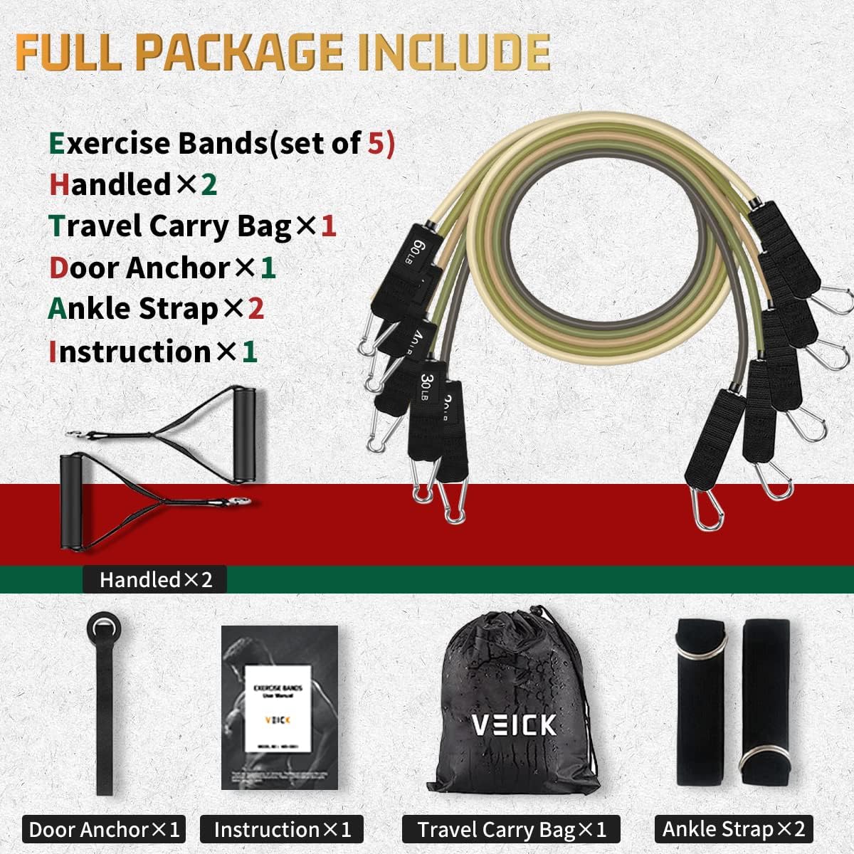 VEICK Resistance Bands, Exercise Bands, Workout Bands, Resistance Bands for Working Out with Handles for Men and Women, Exercising Bands for Fitness Weights Work Out at Home