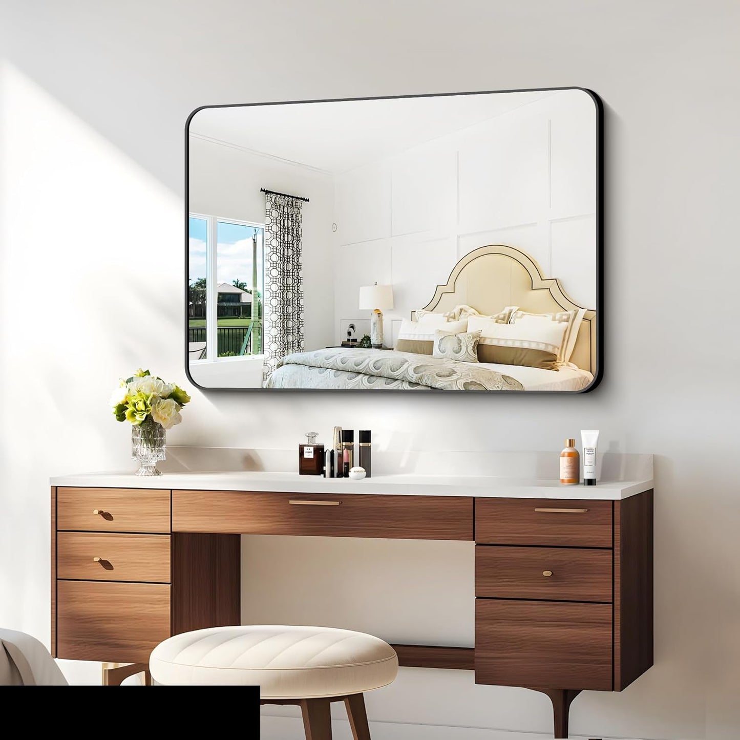 30x40 inch Bathroom Mirror,Black Rectangle Mirror,Wall Mounted Bathroom Frame Vanity Mirror with Round Corner for Bedroom Living Room, Entryway Hangs Horizontal or Vertical
