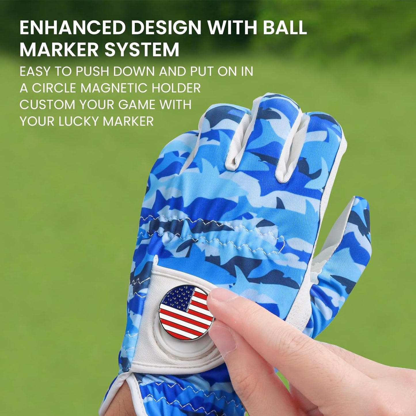 FINGER TEN Golf Gloves Men Left Hand Right with Ball Marker USA Flag Blue Camo Plaid Pack, Mens Leather Golf Glove All Weather Grip Small Medium ML Large XL