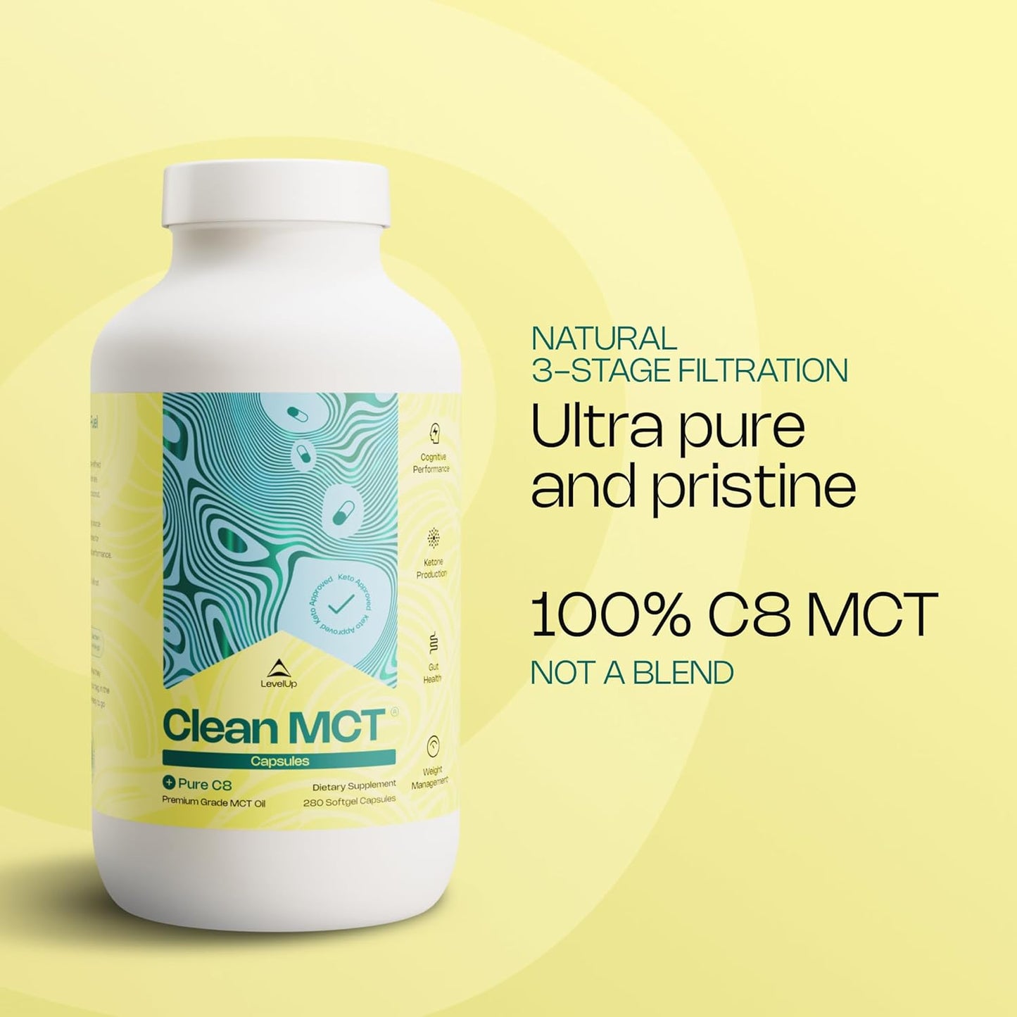 LevelUp Clean MCT Oil Capsules - 100% Caprylic C8 for Energy, Focus, Weight Management, Gut Health, Brain Superfuel - Keto Supplement for Ketogenic Diet and Ketones - Non-GMO (280 Count)
