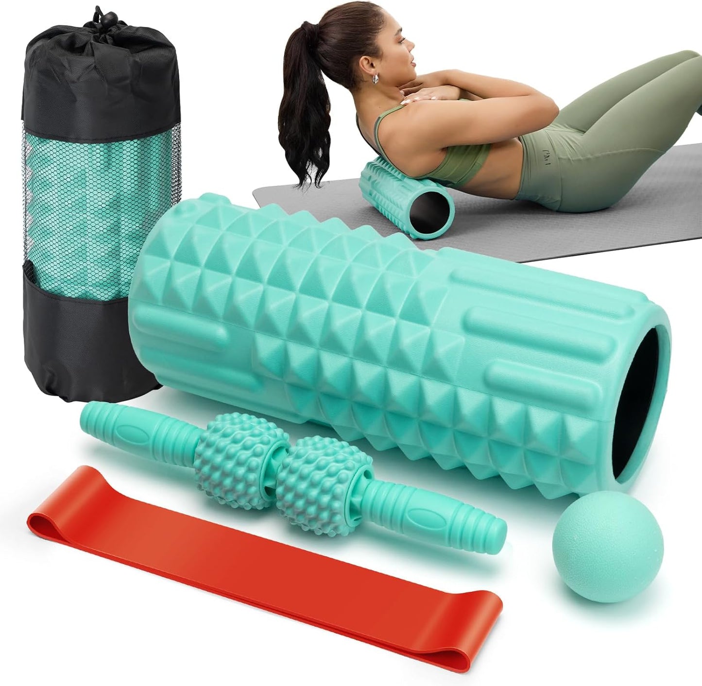 5 in 1 Foam Roller Set - Back Roller Foam, Massage Roller Stick, Massage Ball, Resistance Band for Physical Therapy & Deep Tissue Muscle Massage (Green)